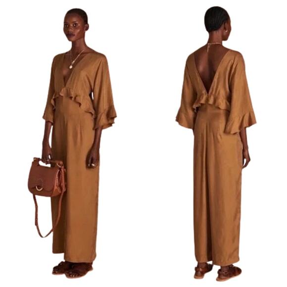New Anthropologie Sancia Yolande Cocoa Wide Leg Flutter Sleeve Cupro Jumpsuit XS - Picture 1 of 12